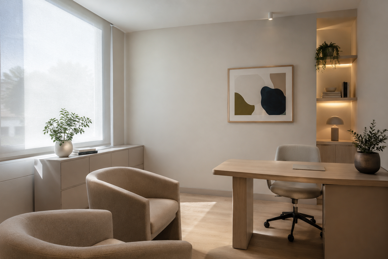 Abstract clinical consultation room with soft natural light