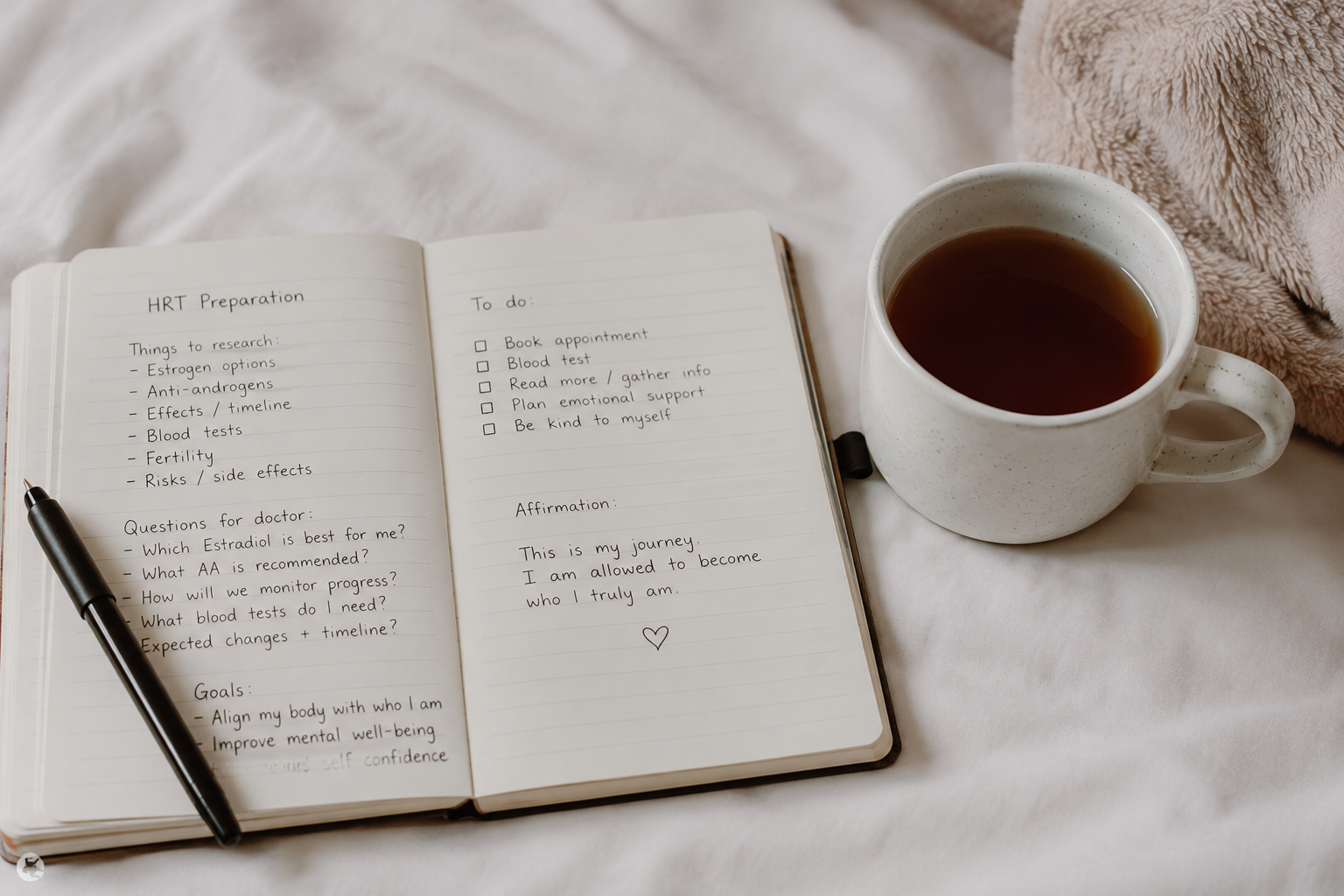 Calm clinical notebook and cup of tea representing preparation before starting HRT