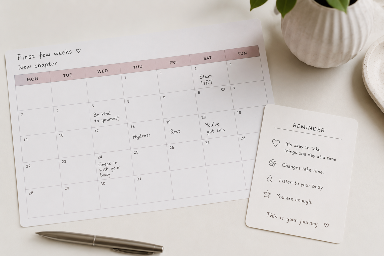 Minimal calendar and reminder card representing the first few weeks of HRT adjustment