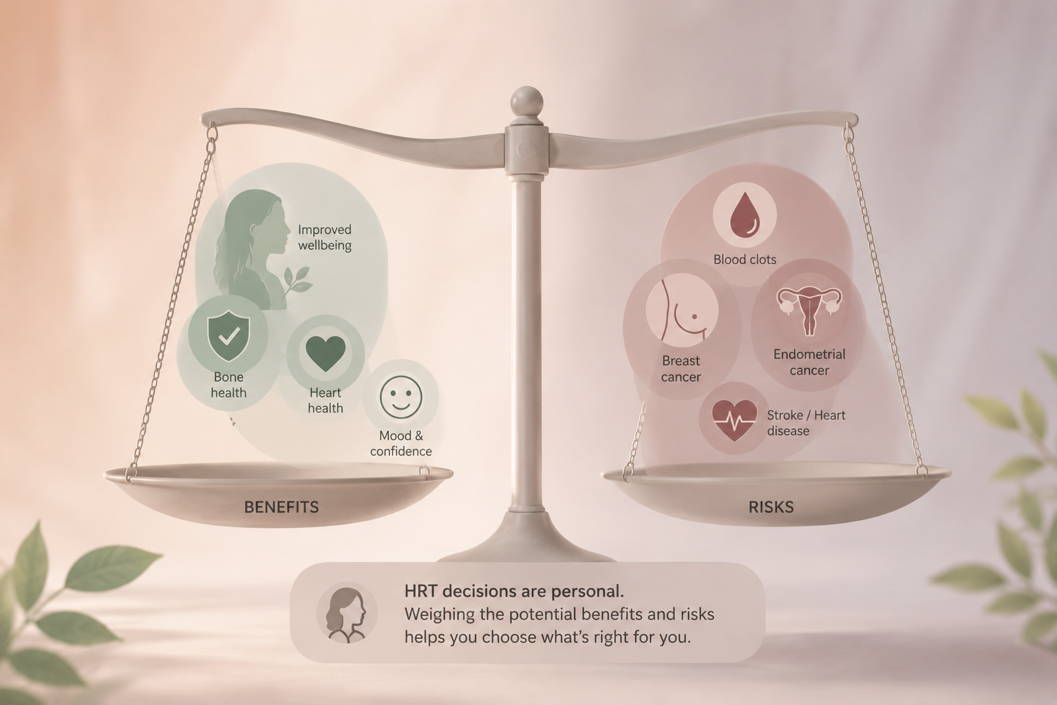 Soft abstract balance scales representing weighing HRT risks and benefits